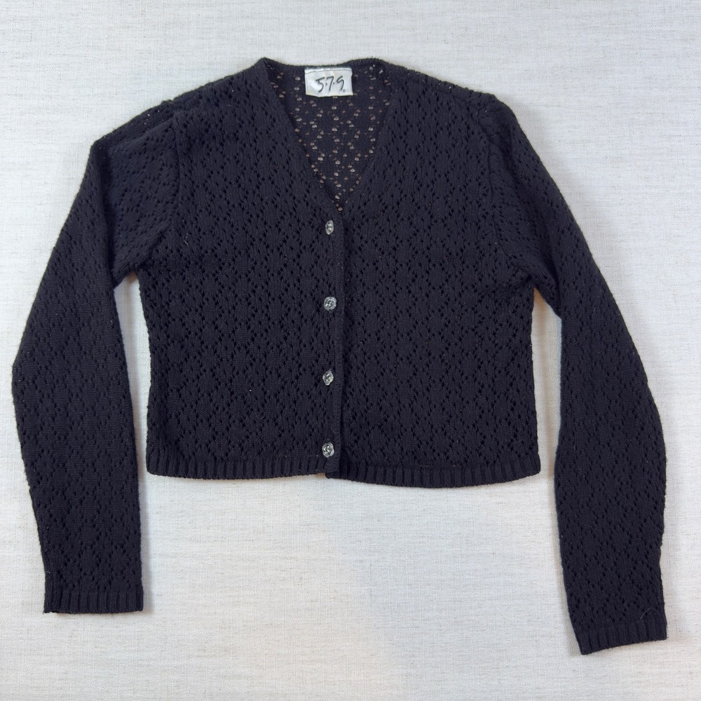 5-7-9 Cardigan Sweater Womens 11 Black Pointelle Knit V-Neck Button Up Cropped